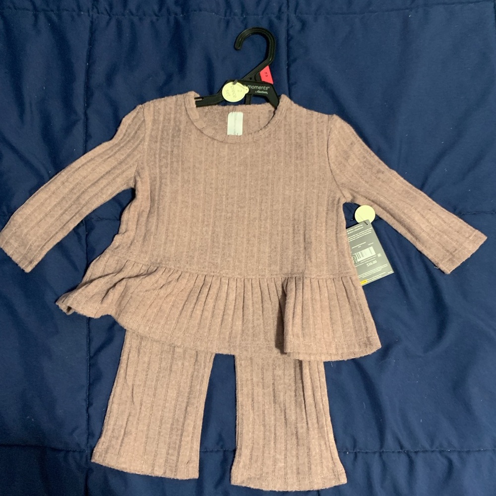 Kids Ribbed Peplum Top and Pants Matching Set - Mauve